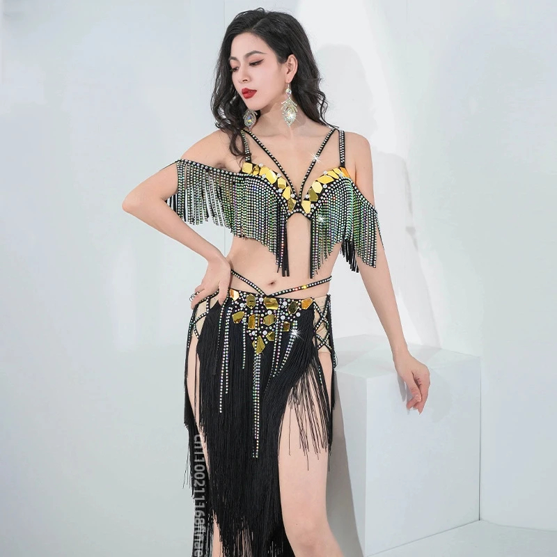 New Belly Dance Performance Dress Top Skirt Triangle Tassel Dynamic Skirt Girls Belly Dance Stage Performance Dress Set