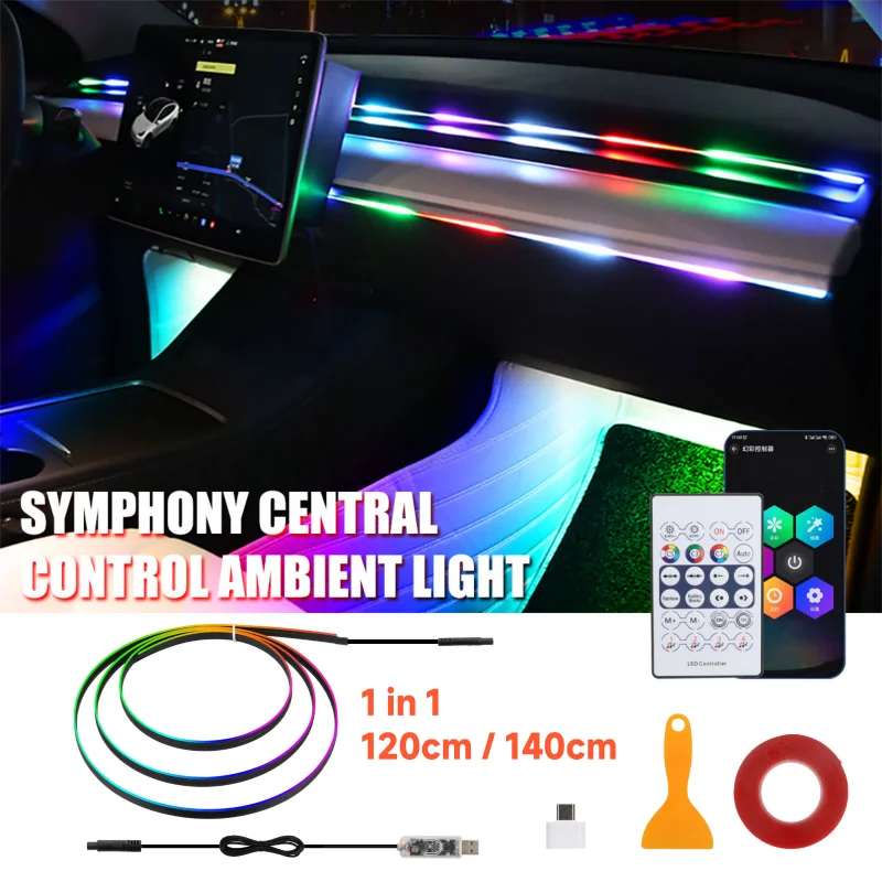 110/140cm Światła otoczenia Uniwersalna lampa LED Symphony RGB Atmosphere Lamp USB APP Remote dla Tesla Akrylowe akcesoria Embass
