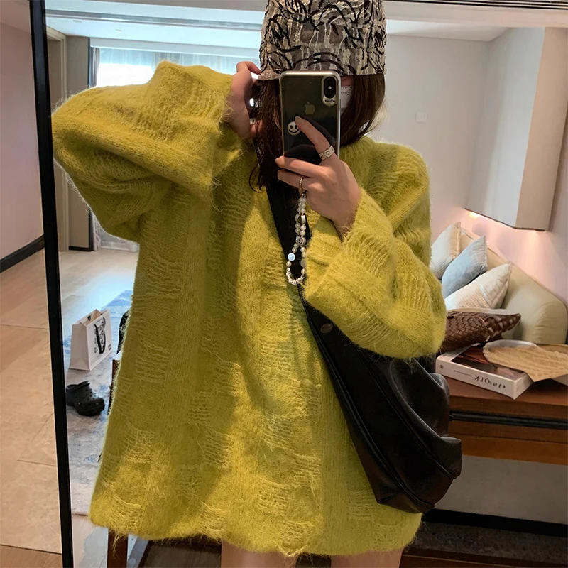 Lazy Style Frayed Sweater Women Autumn Winter Soft Warm Harajuku O-Neck Pullover Sweaters Y2K Trend Knitted Pullovers Tops Woman