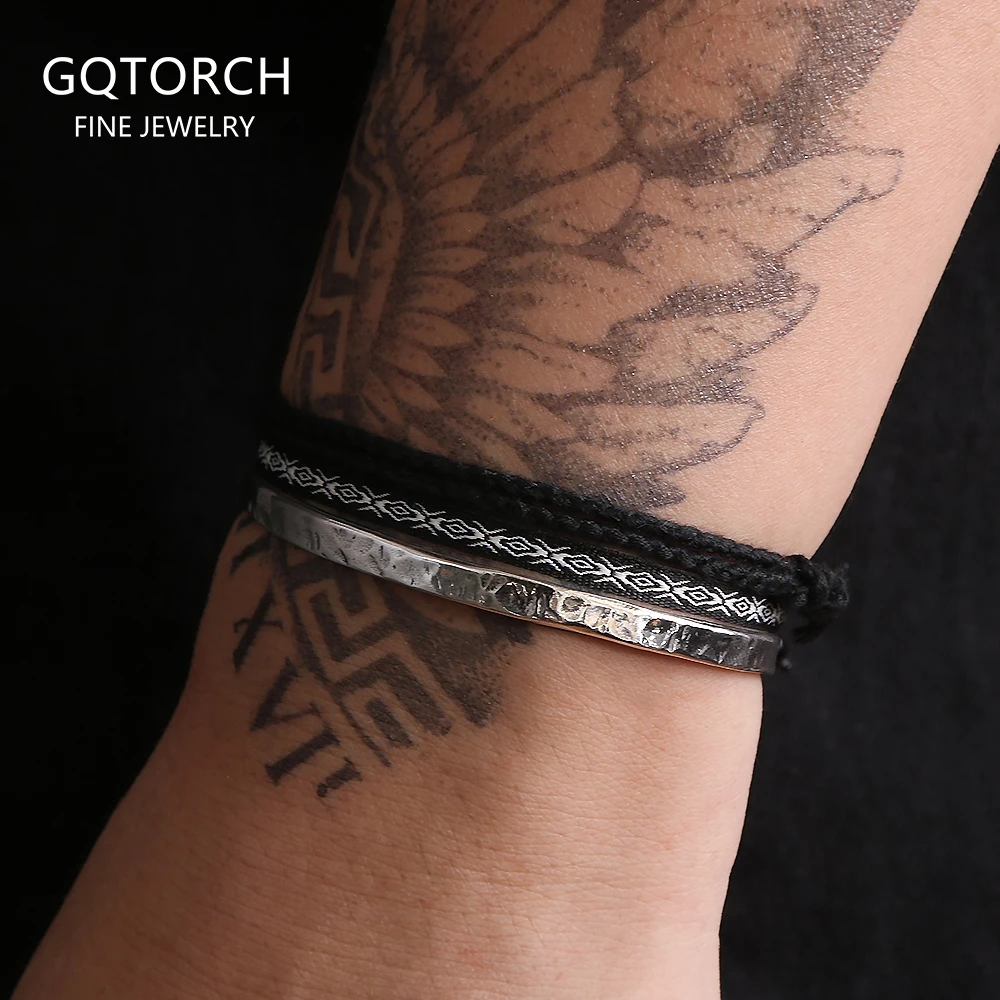 3pcs/set 925 Sterling Silver Hammered Cuff Bangle Black Braided Rope Stacked Bracelet Fashion Party Jewelry Boyfriend Gift