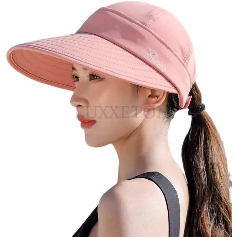 Summer Women Ponytail Empty Top Cap Wide Brim Anti-UV Bowknot Beach Hat Ladies Foldable Zipper Decoration Travel Sunscreen Caps