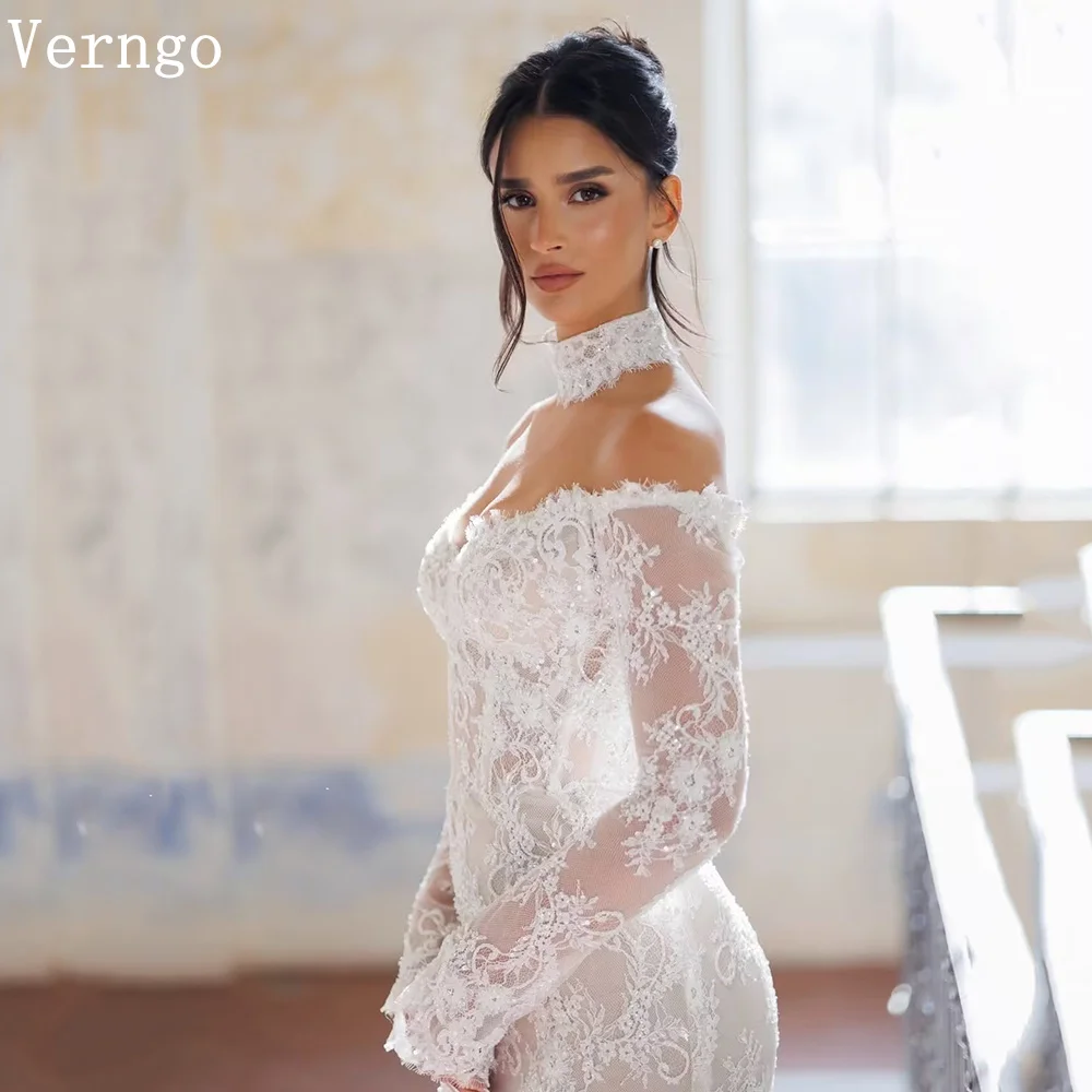 

Verngo Luxury Lace lvory Wedding Dress Off The Shoulder Bridal Gowns Romantic Sparking Mermaid Bride Dress Customized