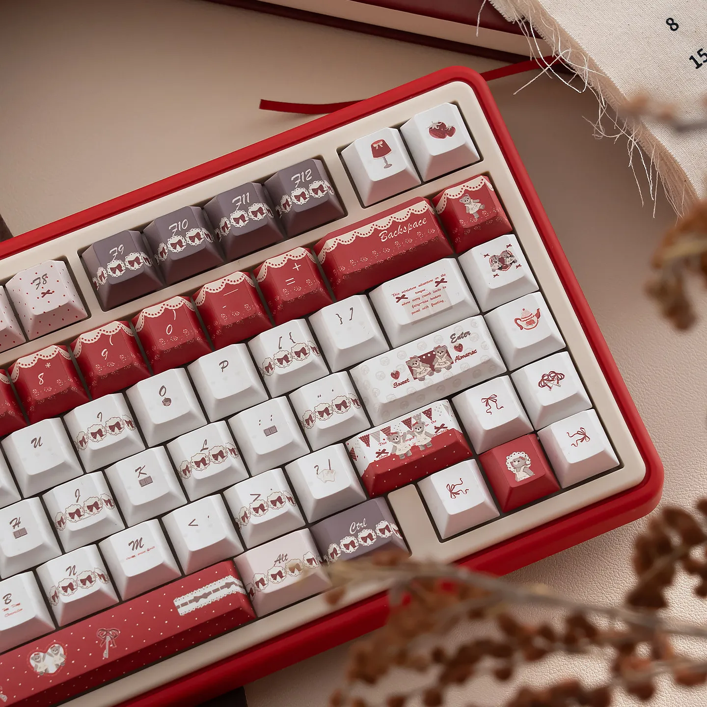 maimooo-afternoon-whisper-keycaps-cherry-profile-pbt-custom-lace-bow-bear-cute-red-white-keycaps-gifts-for-mechanical-keyboard
