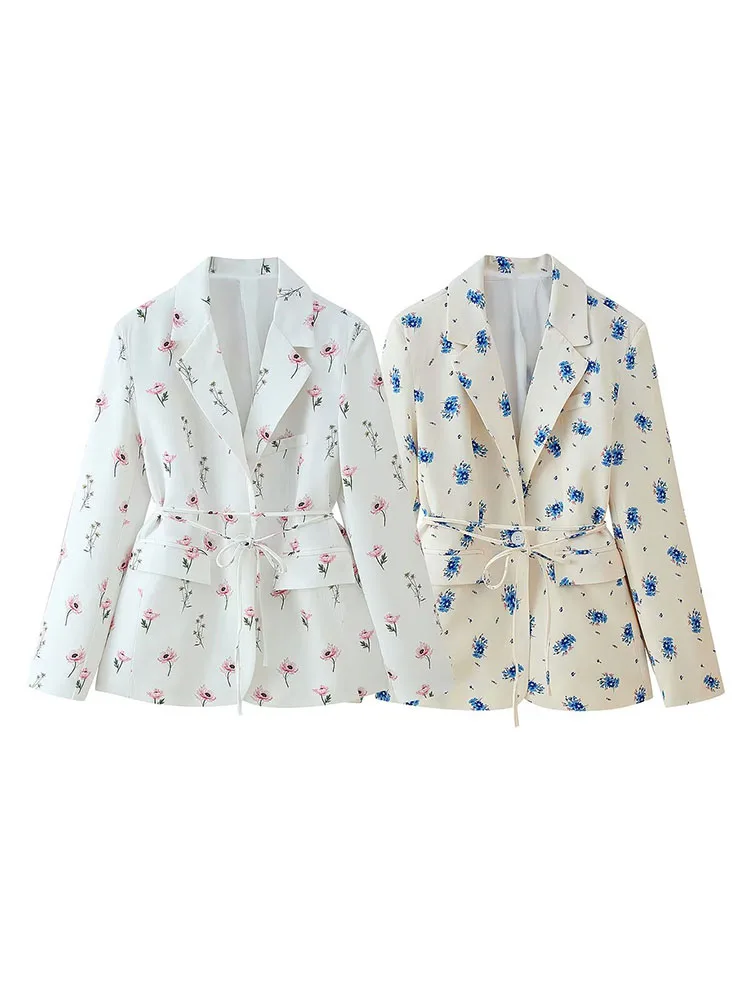 HH Women's Autumn Fashion Printed Lapel Tie Thin Belt Suit Jacket Female One Button Temperament Slim Long Sleeve Casual Coat