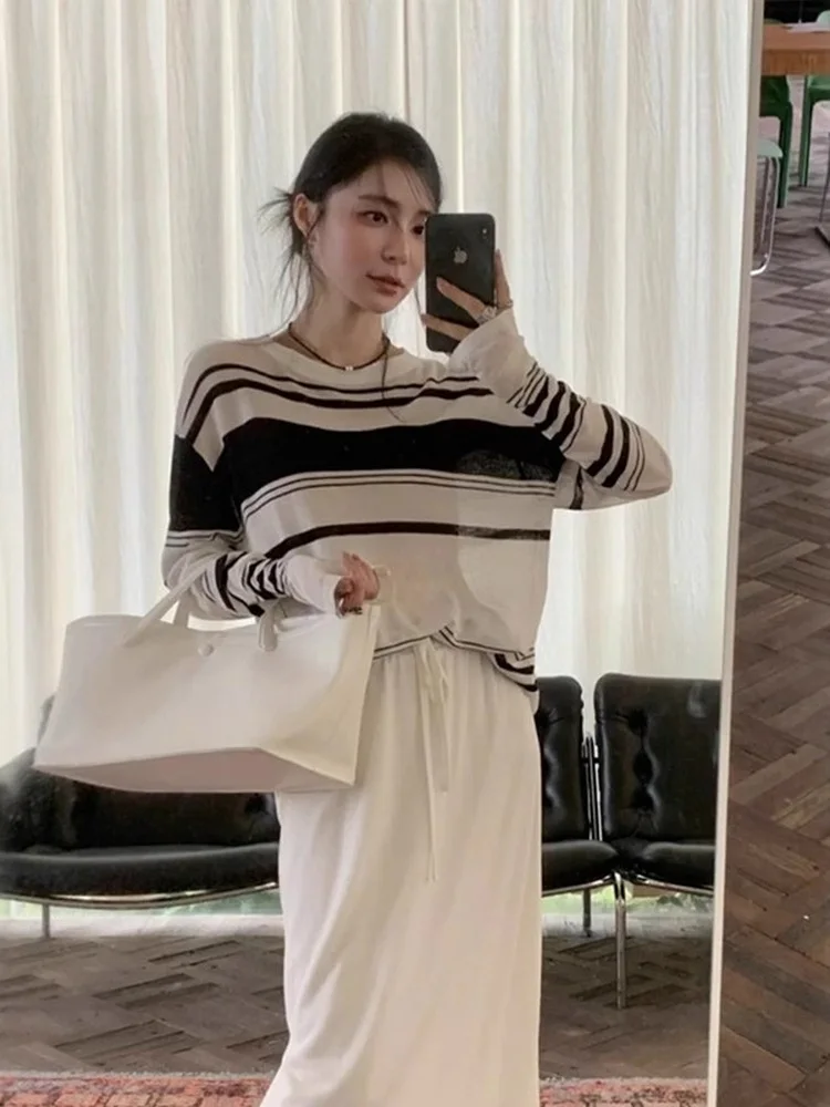 Loose Women's Knitted Shirt Summer Outerwear Sunshade Cover up Stripe Pattern Semi-Transparent Fabric Commute Style Long Sleeve
