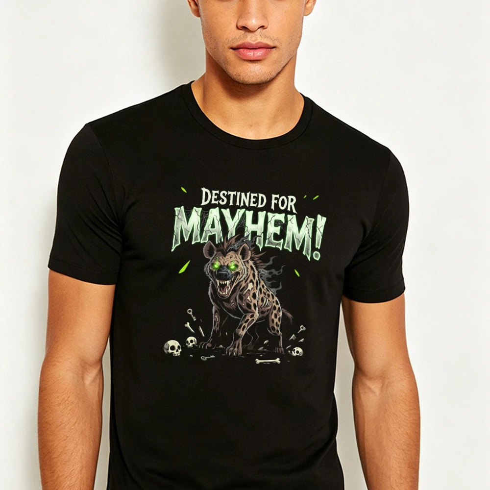 Destined For Mayhem Glowing Eyed Hyena Skull Bone Horror Graphic Men Summer T Shirt Dark Spooky Animal Short Sleeve Tee