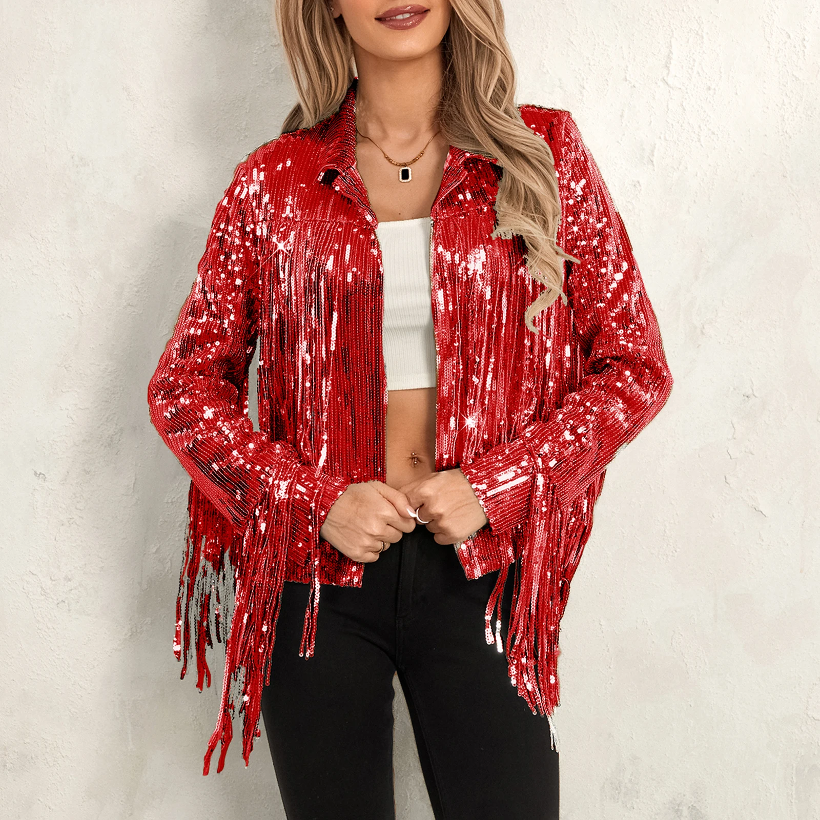 Women Sparkly Sequin Jacket Shiny Glitter Tassel Fringe Hem Disco Jacket Sequin Fringe Cardigan Jacket Coats Y2K 90s Streetwear