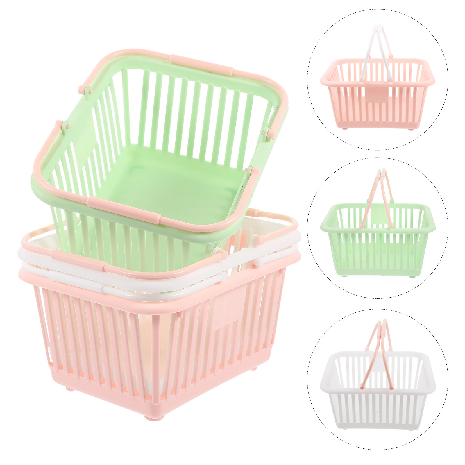

3pcs Storage Baskets Pink White Green Large Small Plastic Grocery Bins with Handles Hollow Design Fruit Vegetable Bath Shower