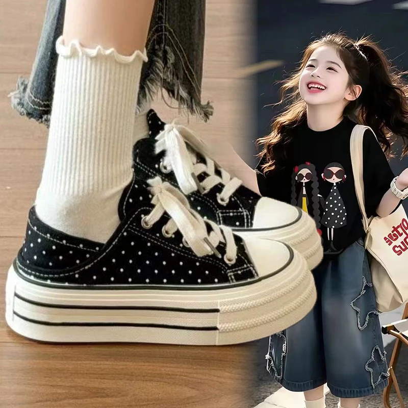 Girls Women Black White Polka Dot Backless Platform Mules, Slip‑On Thick Sole Casual Canvas Sneakers