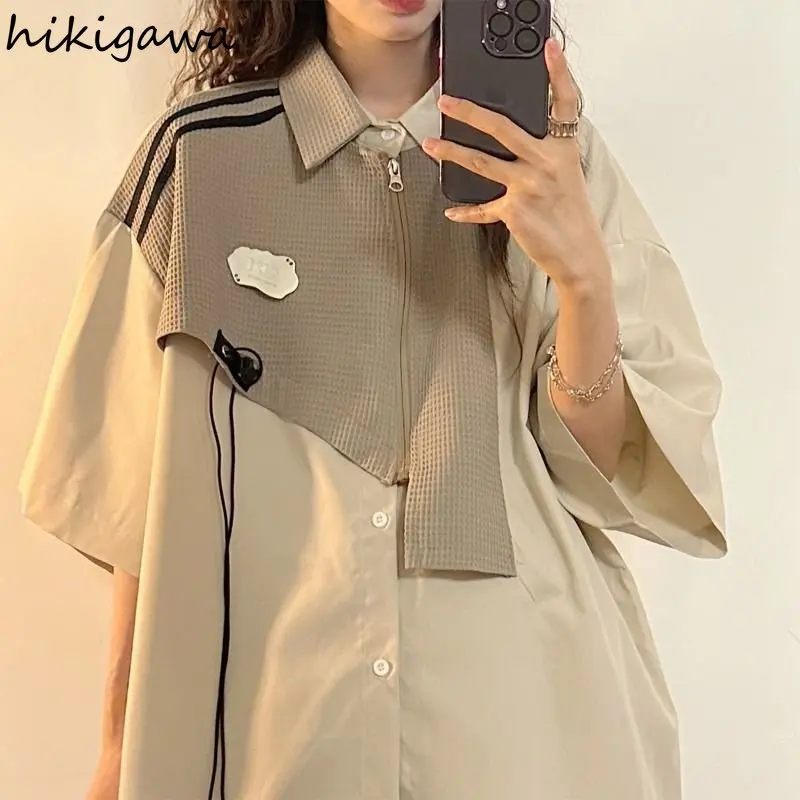 Y2k Women Shirts Patchwork Short Sleeve Casual Blouses 2023 Blusas Mujer De Moda Clothes for Teens Vintage Summer Oversized Tops