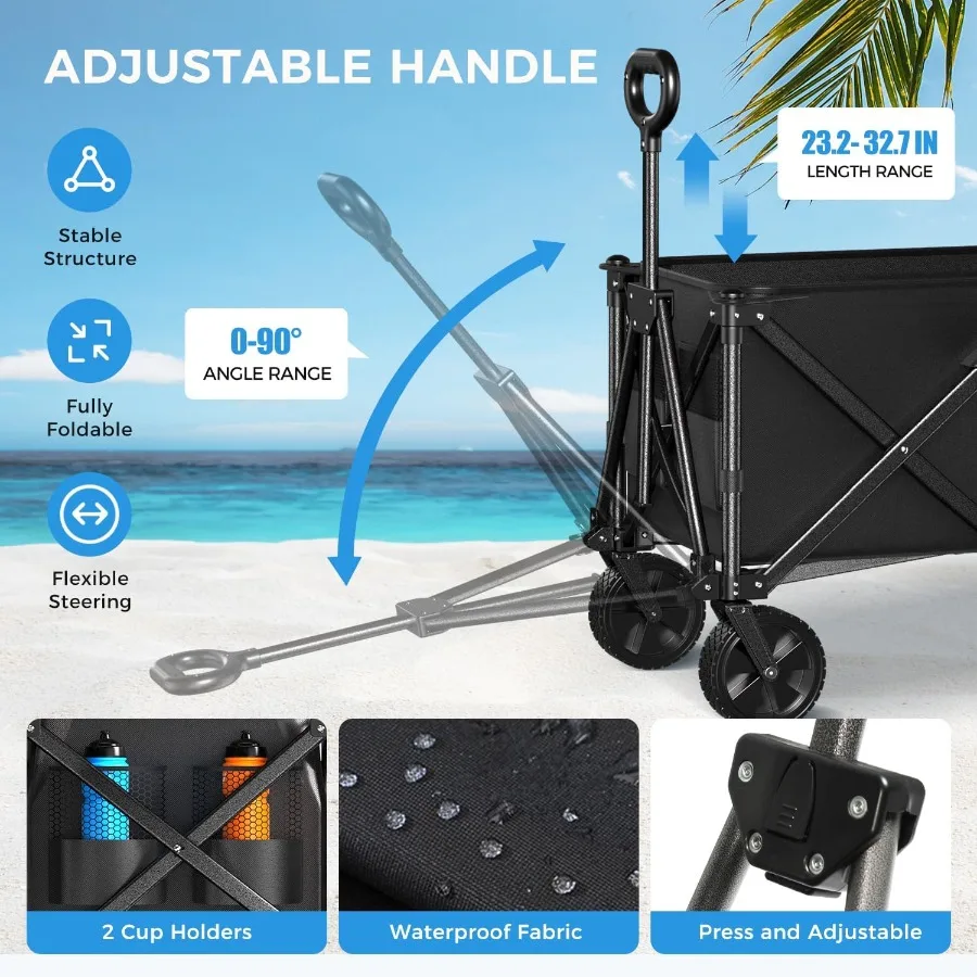 Carrinhos de vagão dobráveis com carrinho de compras dobrável de grande capacidade com bolsos laterais para vagões de praia utilitários ao ar livre resistentes