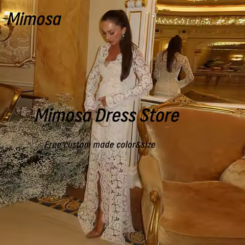Mimosa Full Lace Prom Dresses V Neck Long Sleeves Bride Wear Wedding Dress Front Slit Evening Party Dress Customized