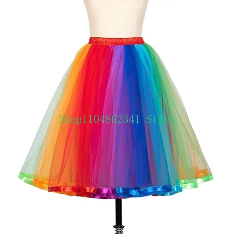 5ASD 여성 튤 스커트 탄성 높이 허리 주름 미디 스커트 무지개 무지