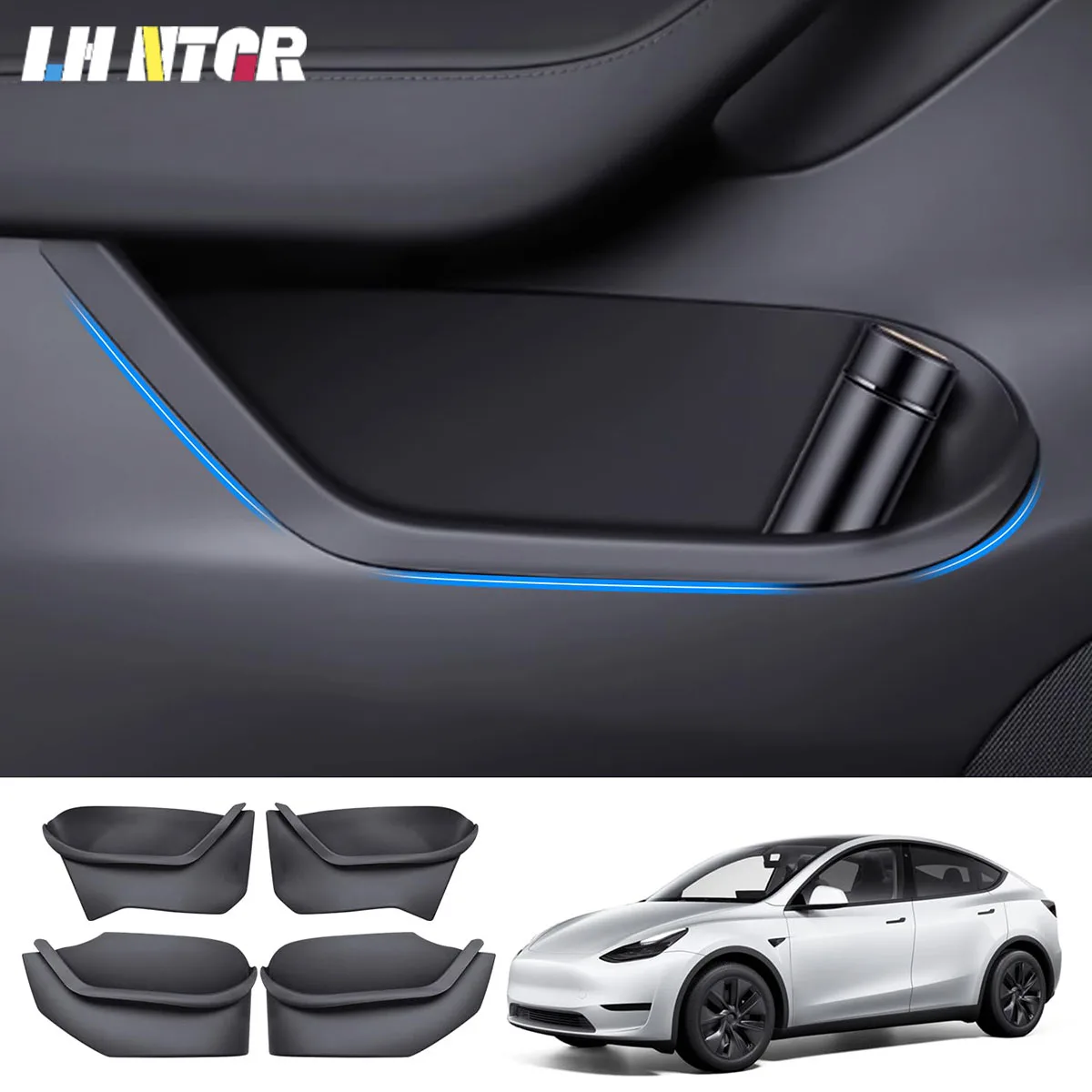 

Door Side Storage Box Full Wrapped for Tesla Model Y 2024 Door Organizer Tray Front & Rear Door Slot Pockets Door Protector