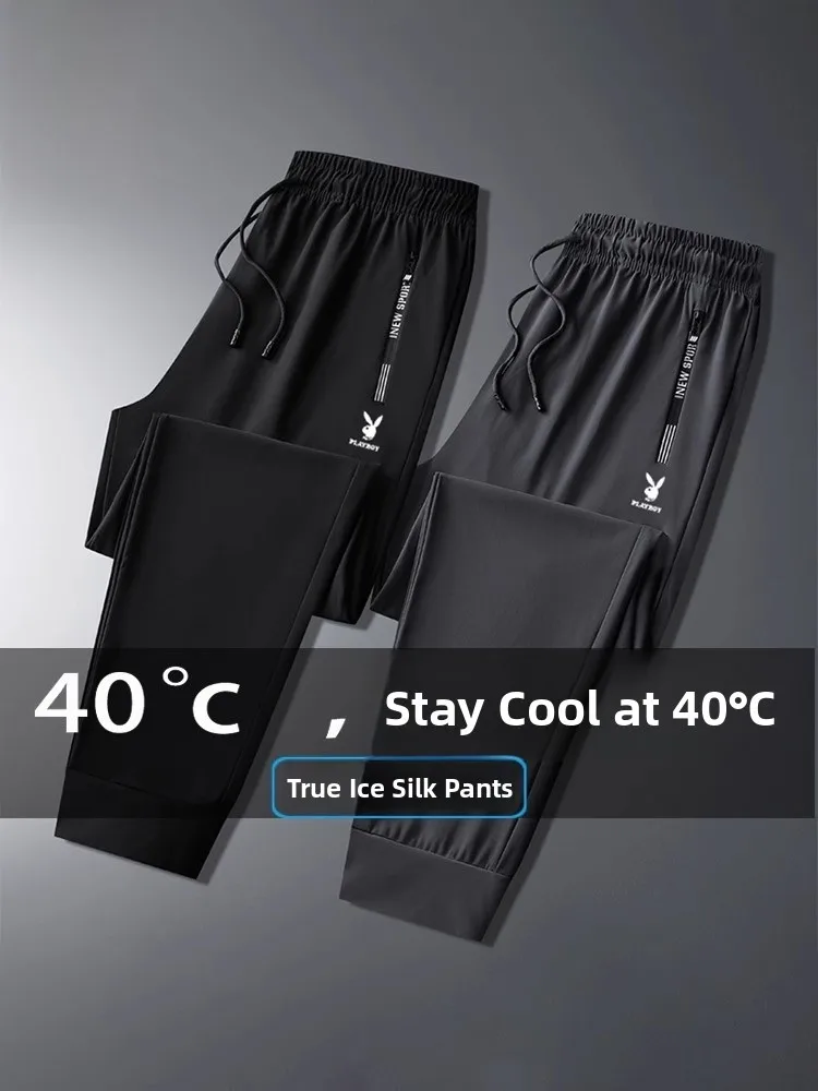 

Мужские летние тонкие свободные спортивные брюки из ледяного шелка больших размеров, быстросохнущие, эластичные, повседневные, длинные штаны