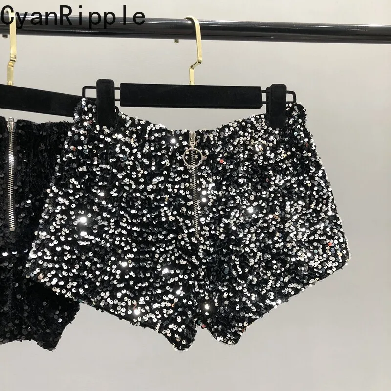 2026 New Spring Summer Silver Sequins Black Wide Leg Shorts All-match Spice Girls High Waist Straight Casual Super Short Pants