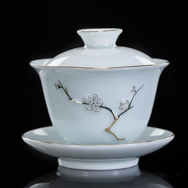 Porcelain Sancai Gaiwan Plum Blossom Pattern Tea Tureen Tea Cup Set Household Tea Infuser Bowl Kitchen Teaware