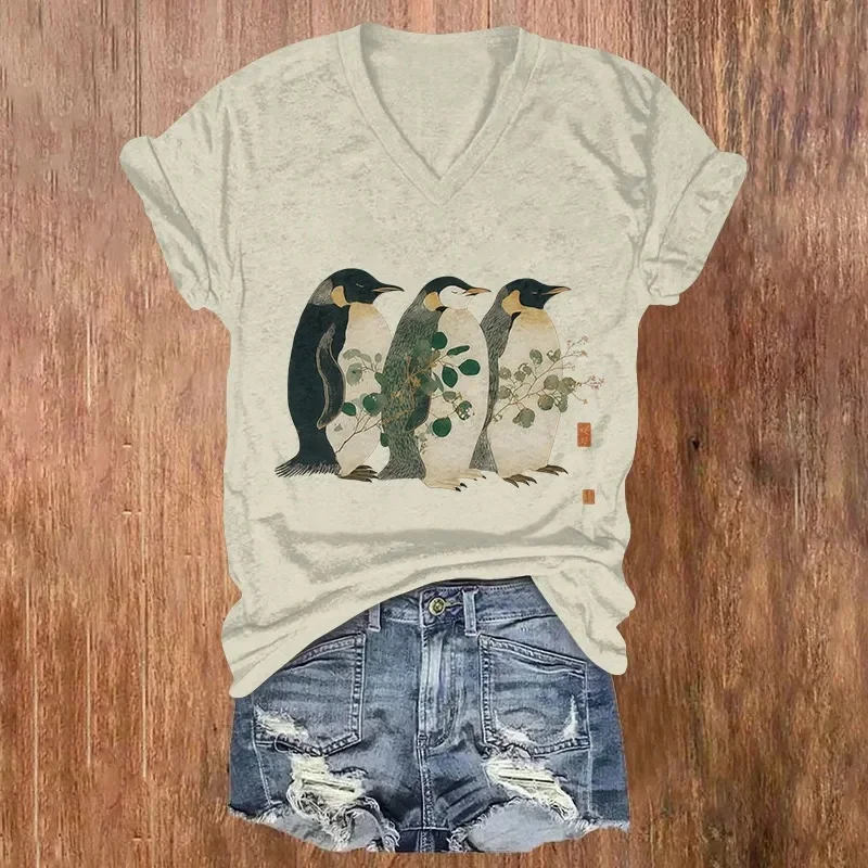 Japanese Art Rooster Print Short Sleeved V-neck T-shirt Summer Women's T Shirts view 4