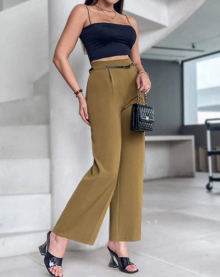 Calça de perna larga de cintura alta feminina, calça casual viajante, cinto solto, monocromática, nova coleção, moda primavera-verão, 2024