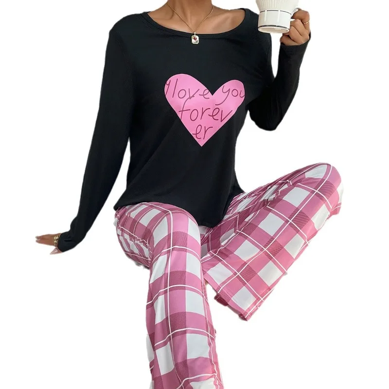 2pcs Set Women's Pajamas Set Spring Autumn Soft Heart Print Top Plaid Pants Simple Design Homewear Loungewear Outfit