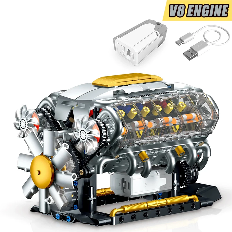 Technische mechanische elektrische V8-motor bouwstenen simulatie automotor MOC-stenen wetenschap onderwijs speelgoed kinderen volwassenen cadeau