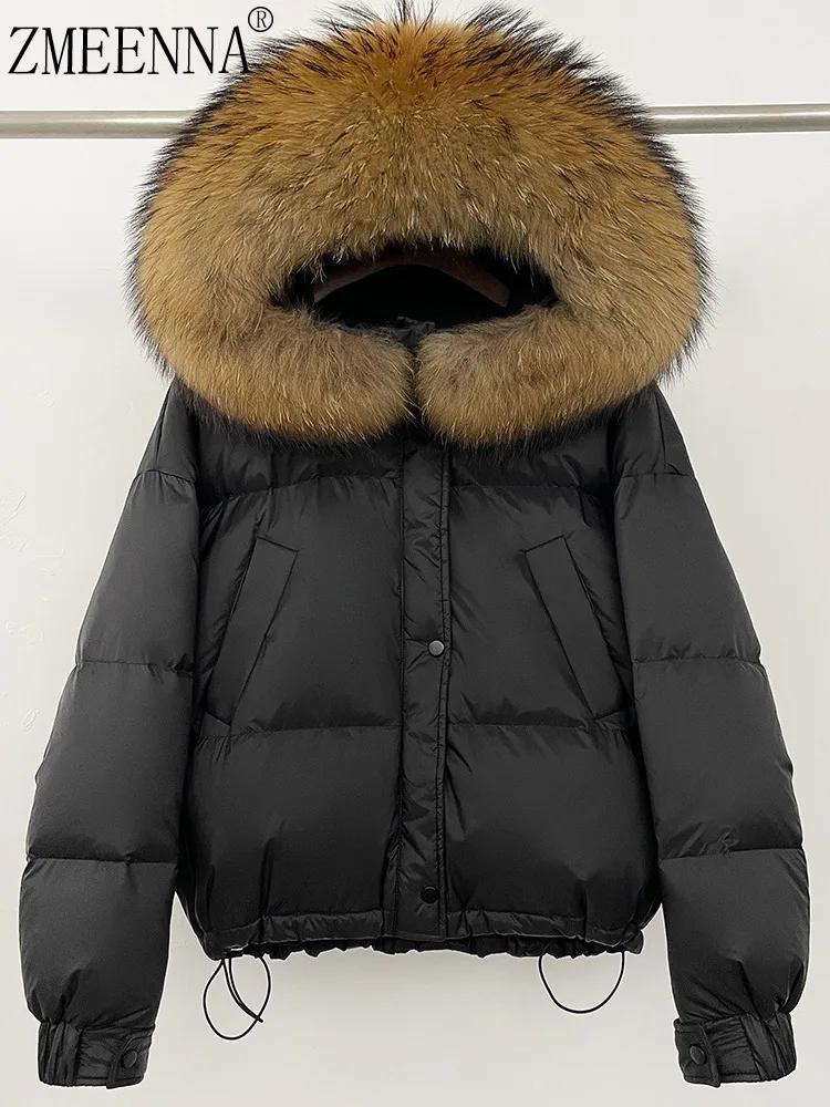 

ZMEENNA Women's Black Puffer Jacket With Real Fur Hood Warm Short Down Coat Stylish Winter Outerwear Premium Quality ZM3388