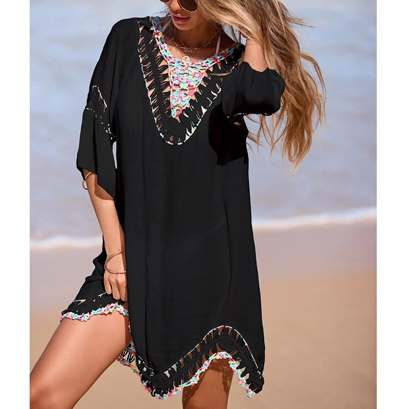Colorful Hand Hook Lace Trim See-through Dress, Fashion Casual Backless Tie Up Beach Cover-Up，Perfect for vacation Wear