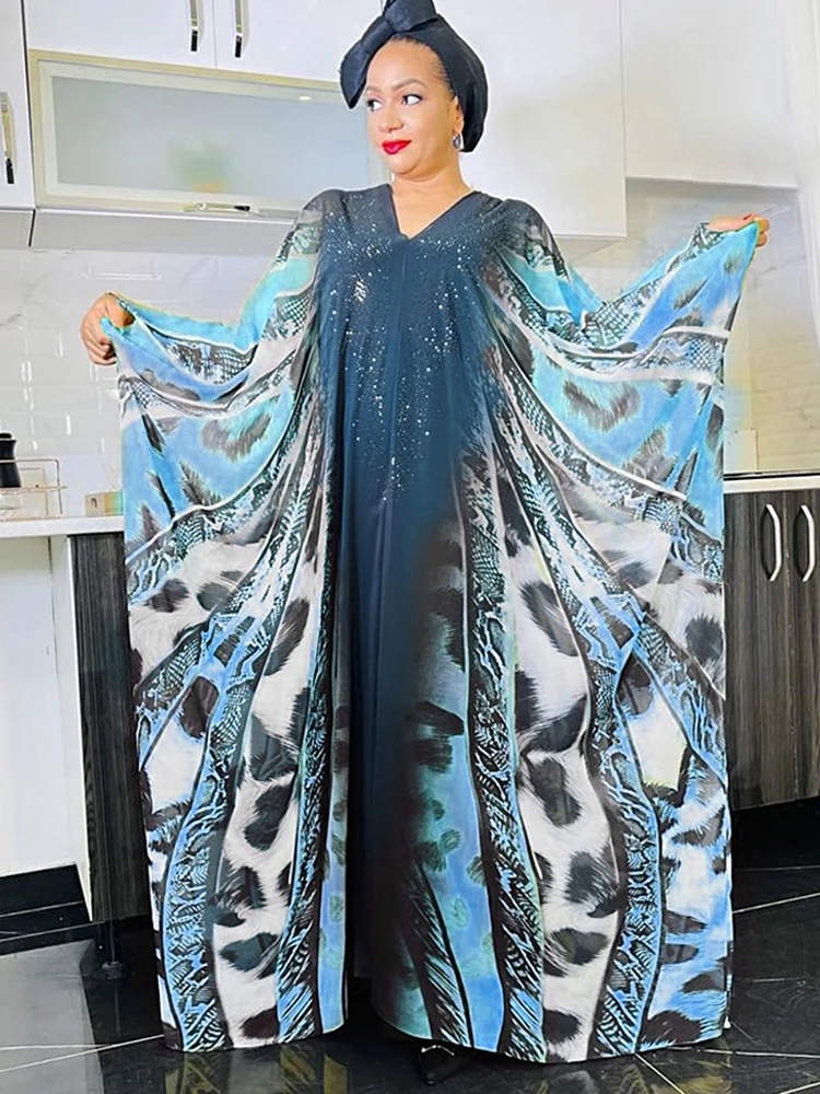 2024 Summer Chiffon Dresses For Women African Dashiki Print Boubou Dubai Muslim Abayas Holiday Party Gown Batwing Sleeve Dress