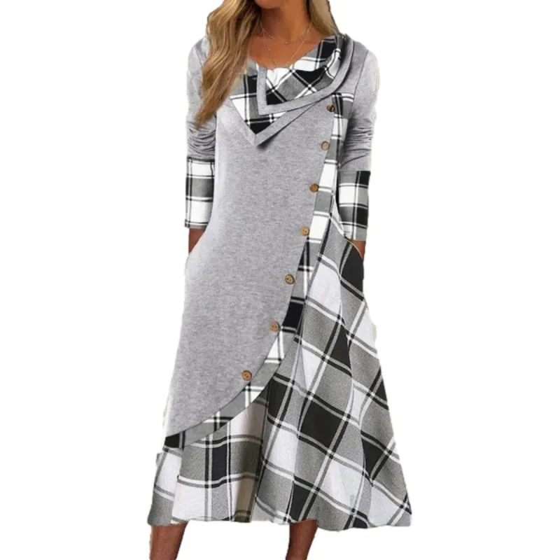 Robes patchwork à carreaux à boutons pour femmes, streetwear à la mode, vêtements pour femmes, manches longues, décontracté, adt Pys, col, poches, robe pour femme