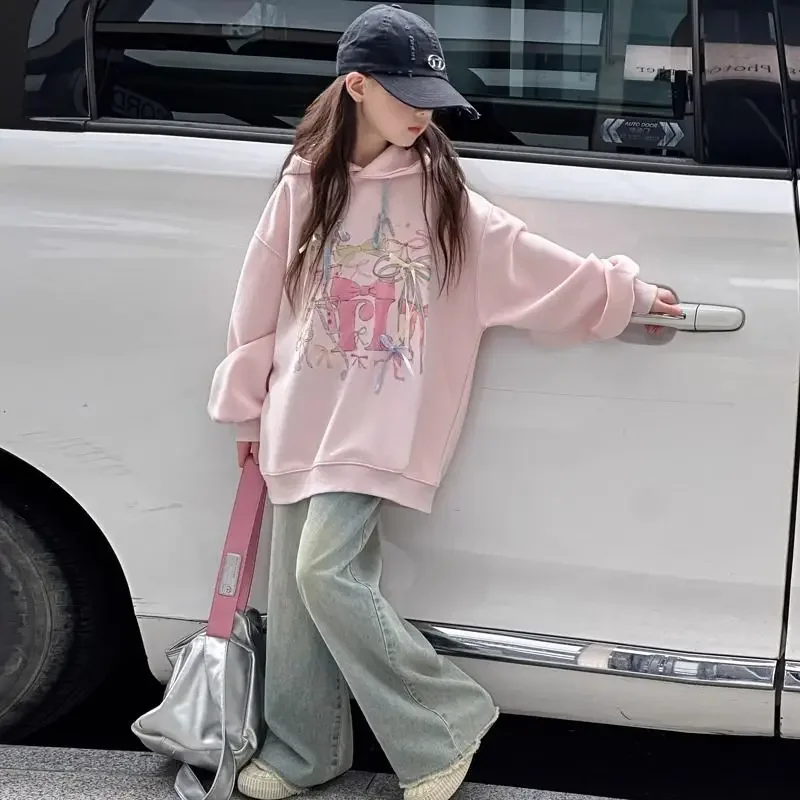 Girls' Cartoon Sweet Loose Korean Style Bowknot Sweatshirt for Middle-Large Kids Spring/Autumn 2025 Outerwear Top