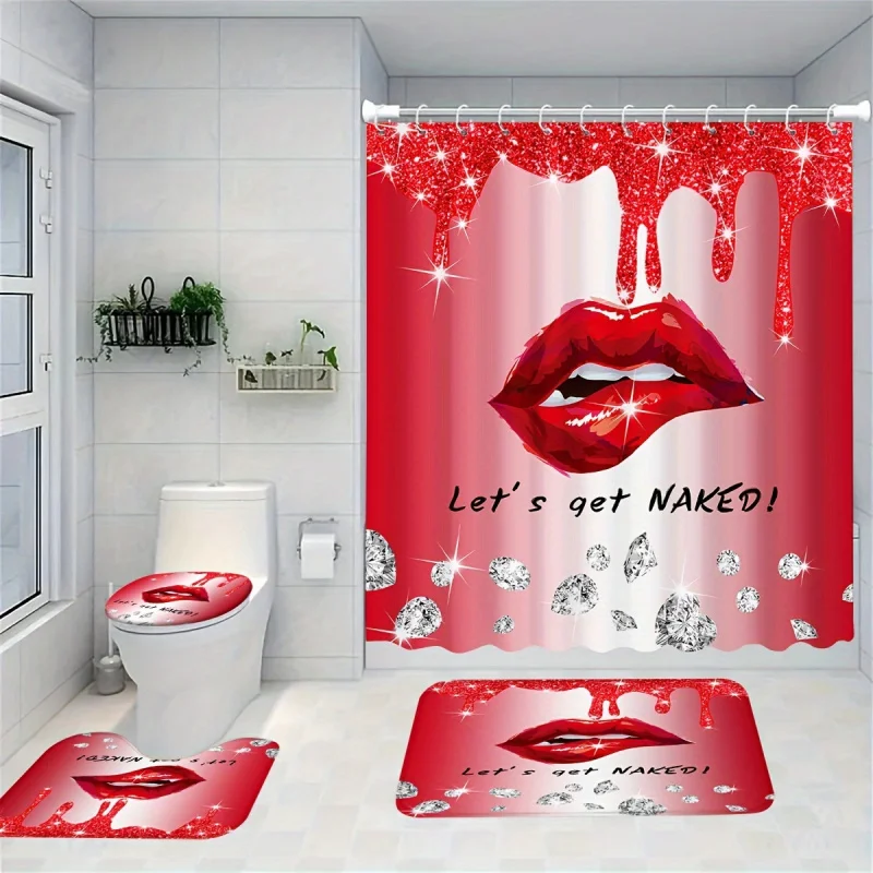 Red Lips Diamond Print Shower Curtain Set with 12 Hooks - Water-resistant Polyester Bathroom Decor, 180.34x180.34 cm Curtain wit