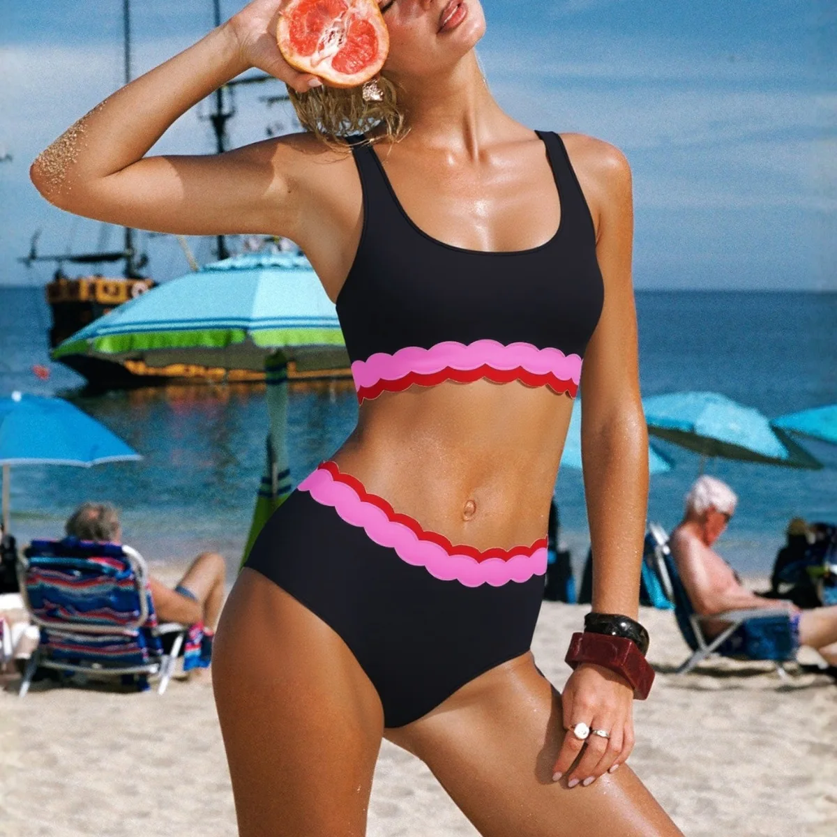 Women 3 Piece Scalloped Trim Bikini Set High Waist Swimsuit With Tie Wrap Skirt Cover Up Beach Swimwear Brazil Summer Vacation