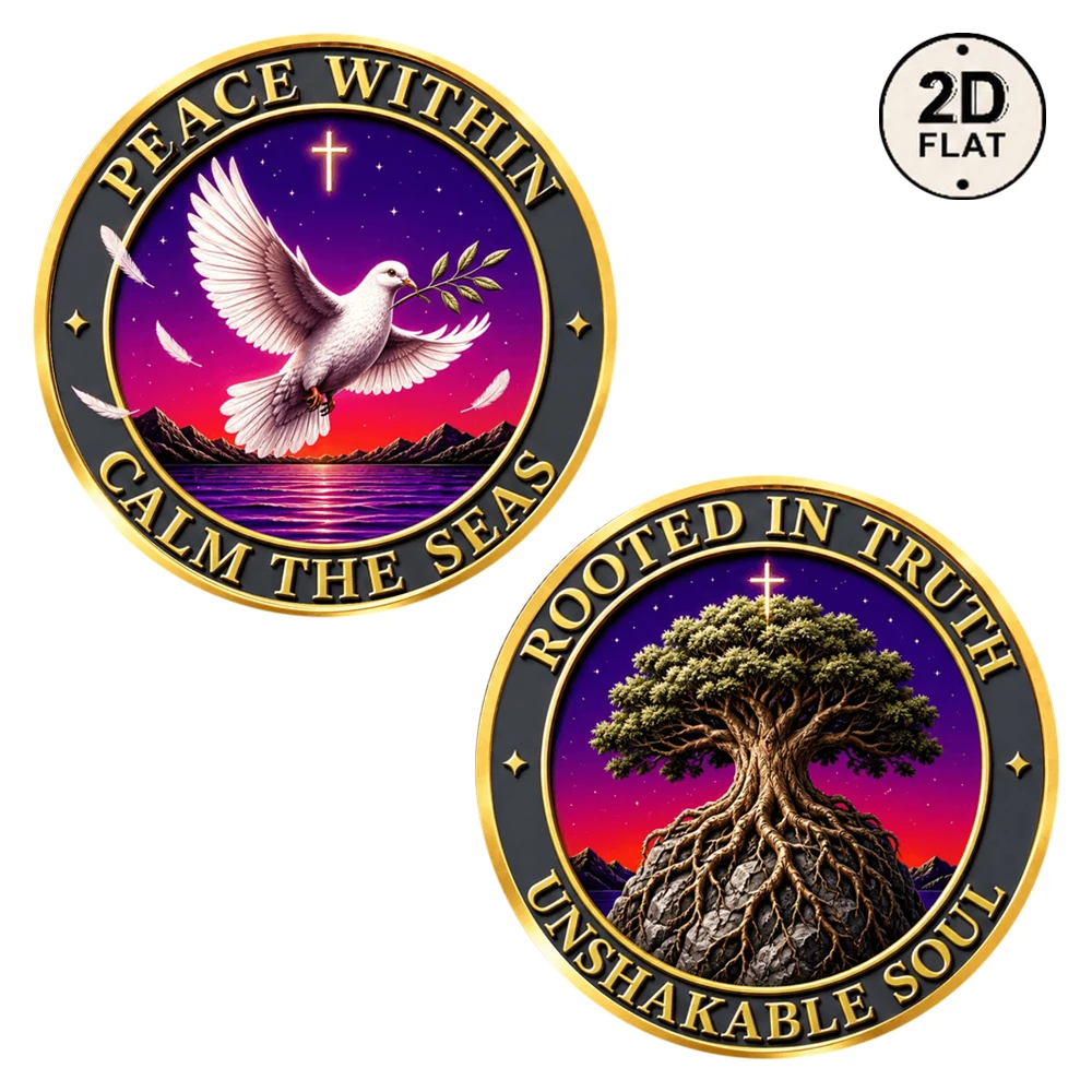 1pc Calm The Seas Peace Dove Faith Challenge Coin Rooted In Truth Unshakable Soul Tree Collectible Medal Spiritual Keepsake Gift