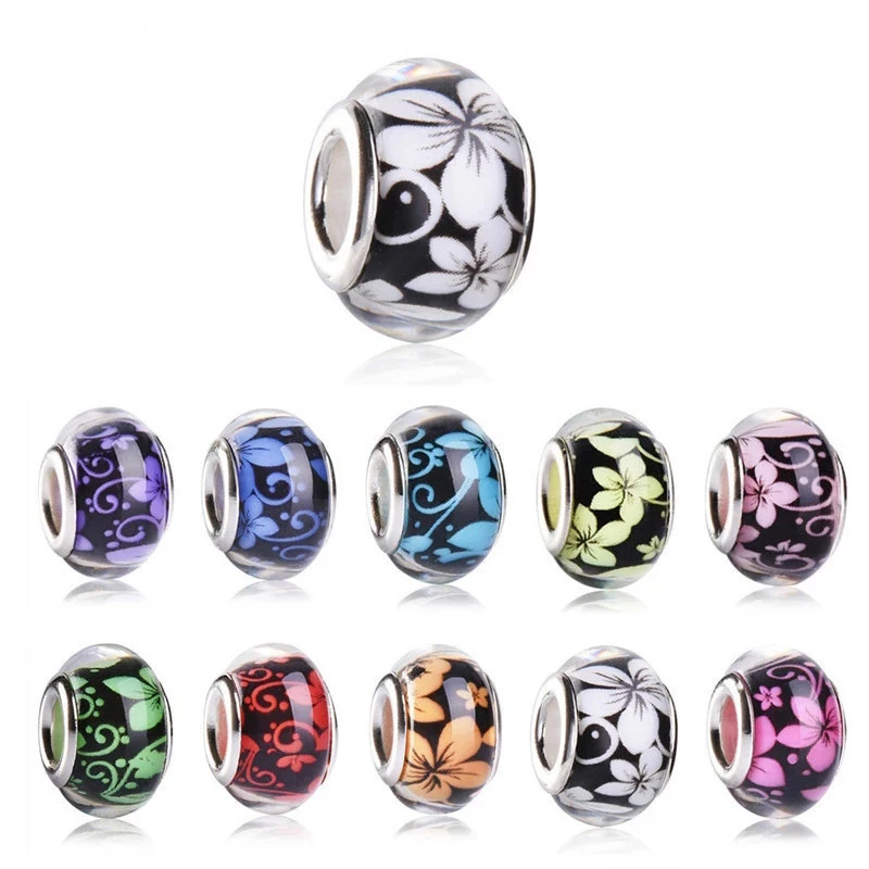 10Pcs/Lot Round Loose Resin Flower Print European Large Hole Spacer Beads Charms Fit Pandora Bracelets Women Jewelry Shoelaces