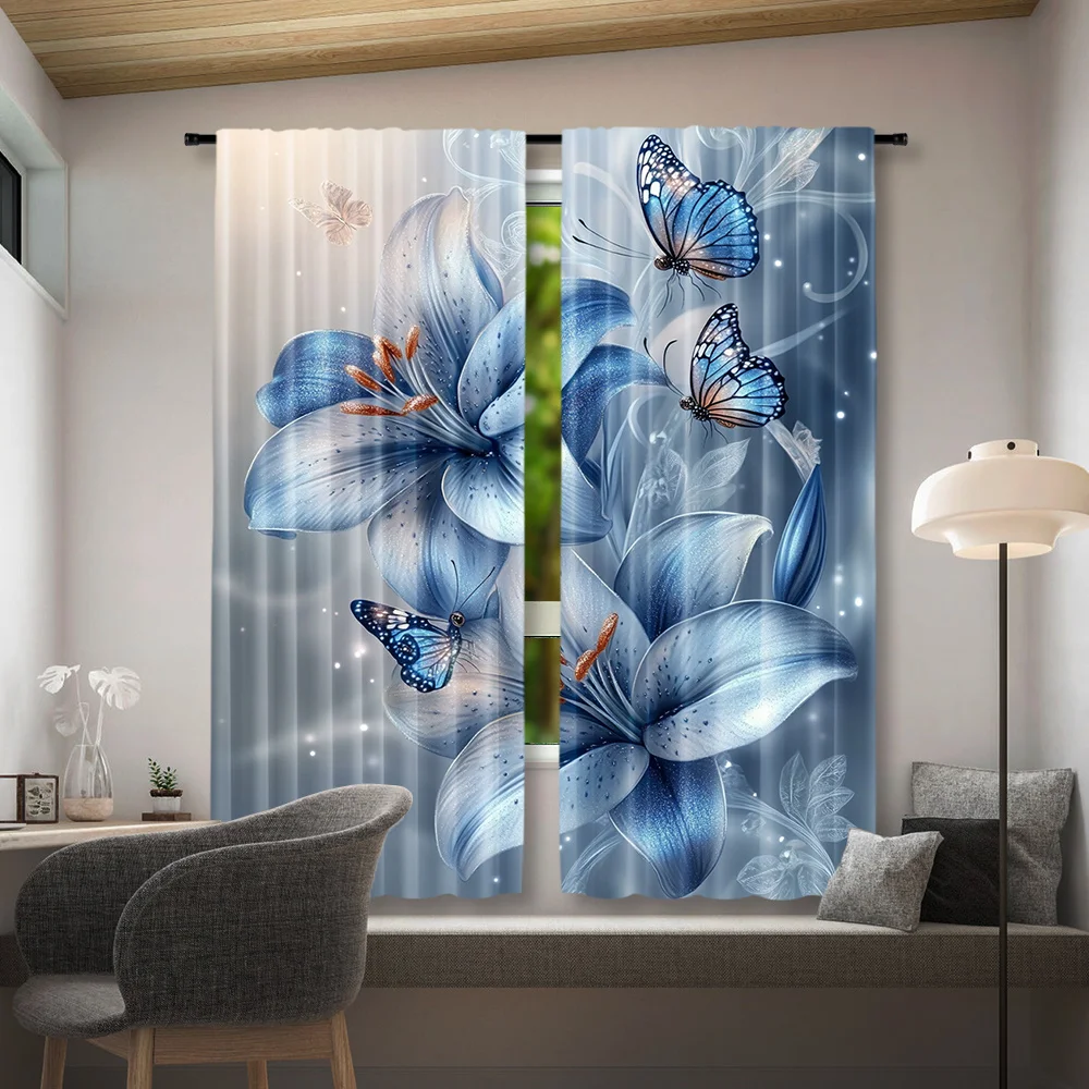 Blue Lily Butterfly Curtains 2 Panels, Glitter Blue Lily Vivid Butterfly Soft Mist Light Gray Window Drapes for Girl Bedroom