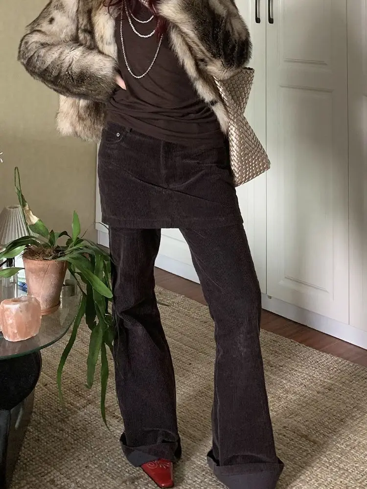 American Retro Design Washed Corduroy Skirt Pants for Women Spring New Hot Girl Fake Two-piece Micro-flared Pants Trendy