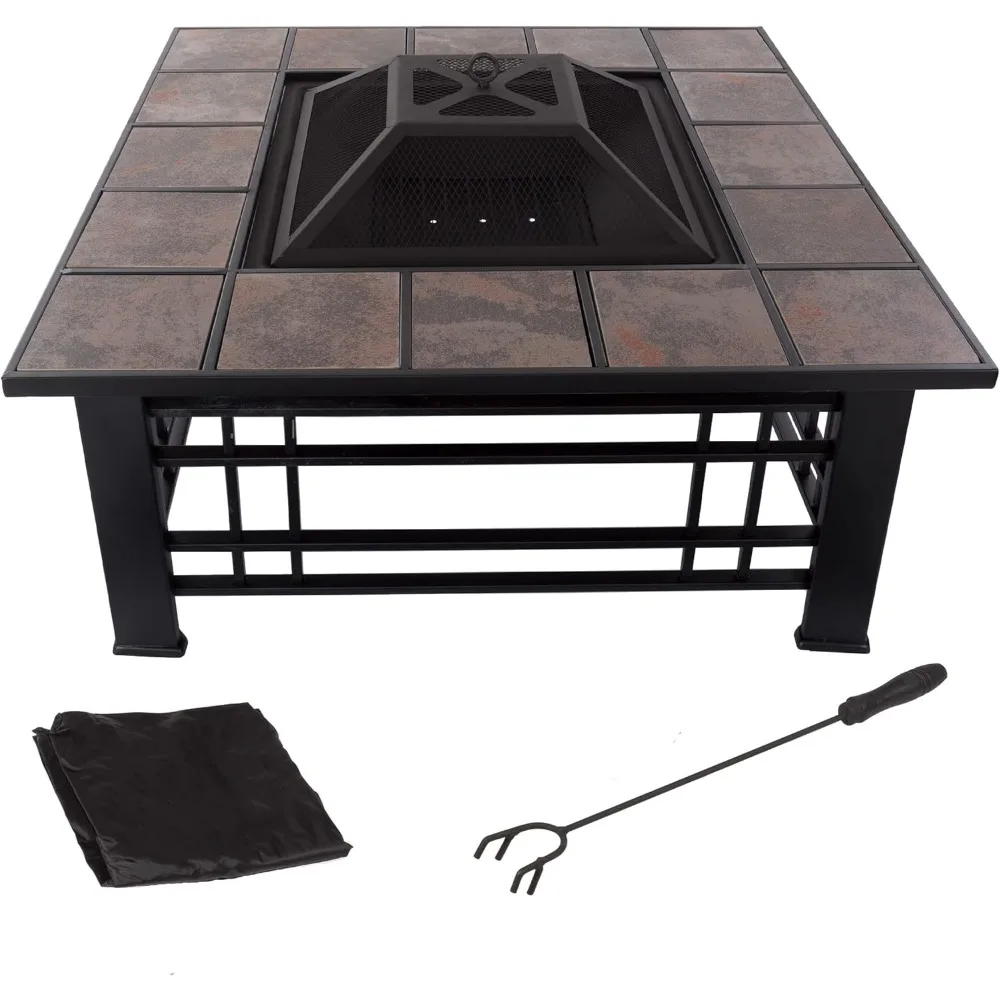 

Fire Pit Set, Wood Burning Pit - Includes Spark Screen and Log Poker - Great for Outdoor and Patio, 32” Square Tile Firepit by
