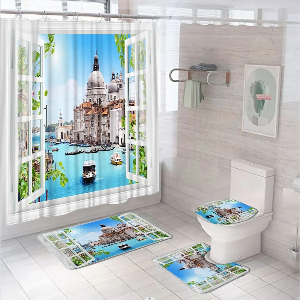 European City Shower Curtain Set Bathroom Decor Grand Canal Venice Italy Historic Cityscape Town Tower Bath Mat Toilet Cover Rug