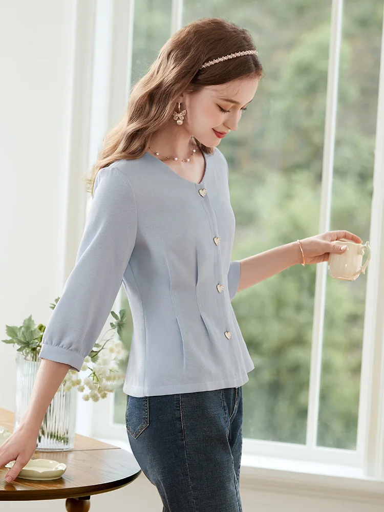 I BELIEVE YOU 2023 Blue French Shirt for Women V-neck Half Sleeve Autumn New Tops Slim Office Lady Shirt & Blouse 2233055199