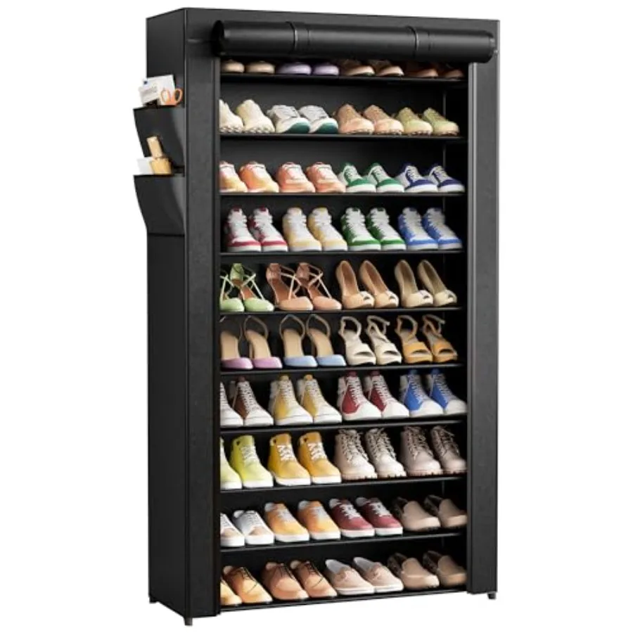 

Shoe Rack - 10-Tier Shoe Organizer with Zippered Dust Cover and Side Pockets Easy to Assemble Space Saving Shoe Rack for Closet