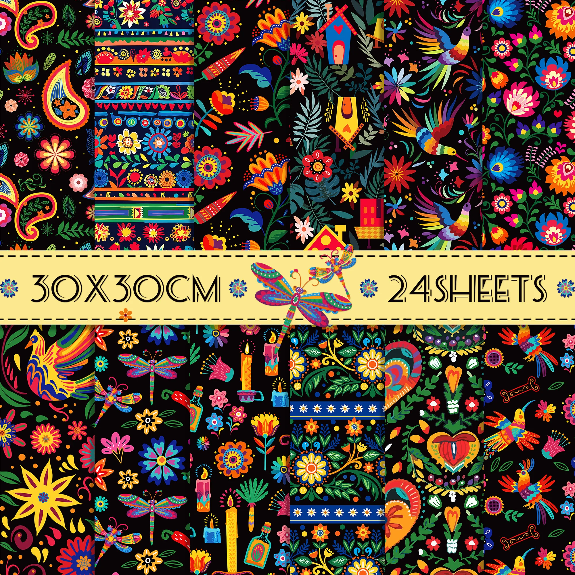 24pcs Mexican Scrapbook Paper DIY Craft Art Background Paper Colorful Floral Pattern Origami Card Making Photo Album Decoration