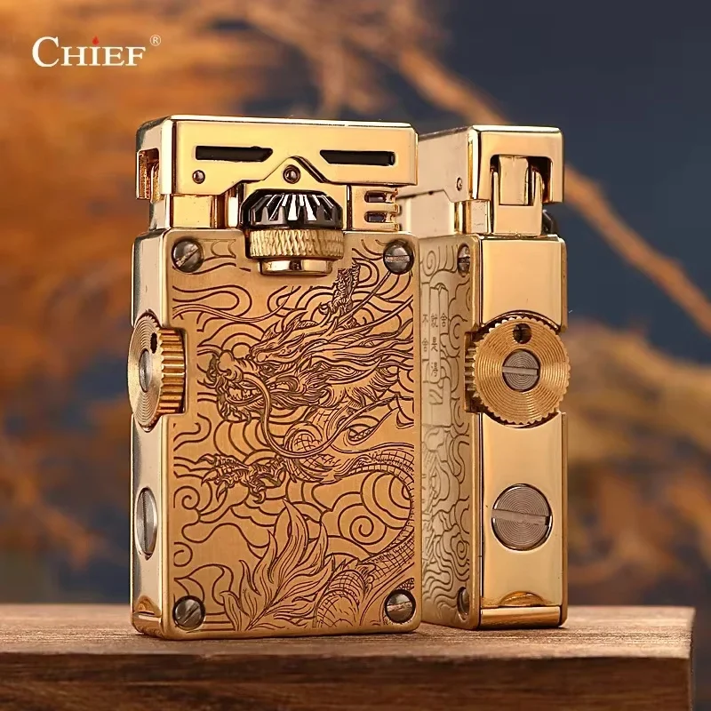 CHIEF Gear Mechanical Linkage Machine Vintage Double-Sided Carving Brass Windproof Lighter Men's High end Personalized Gift