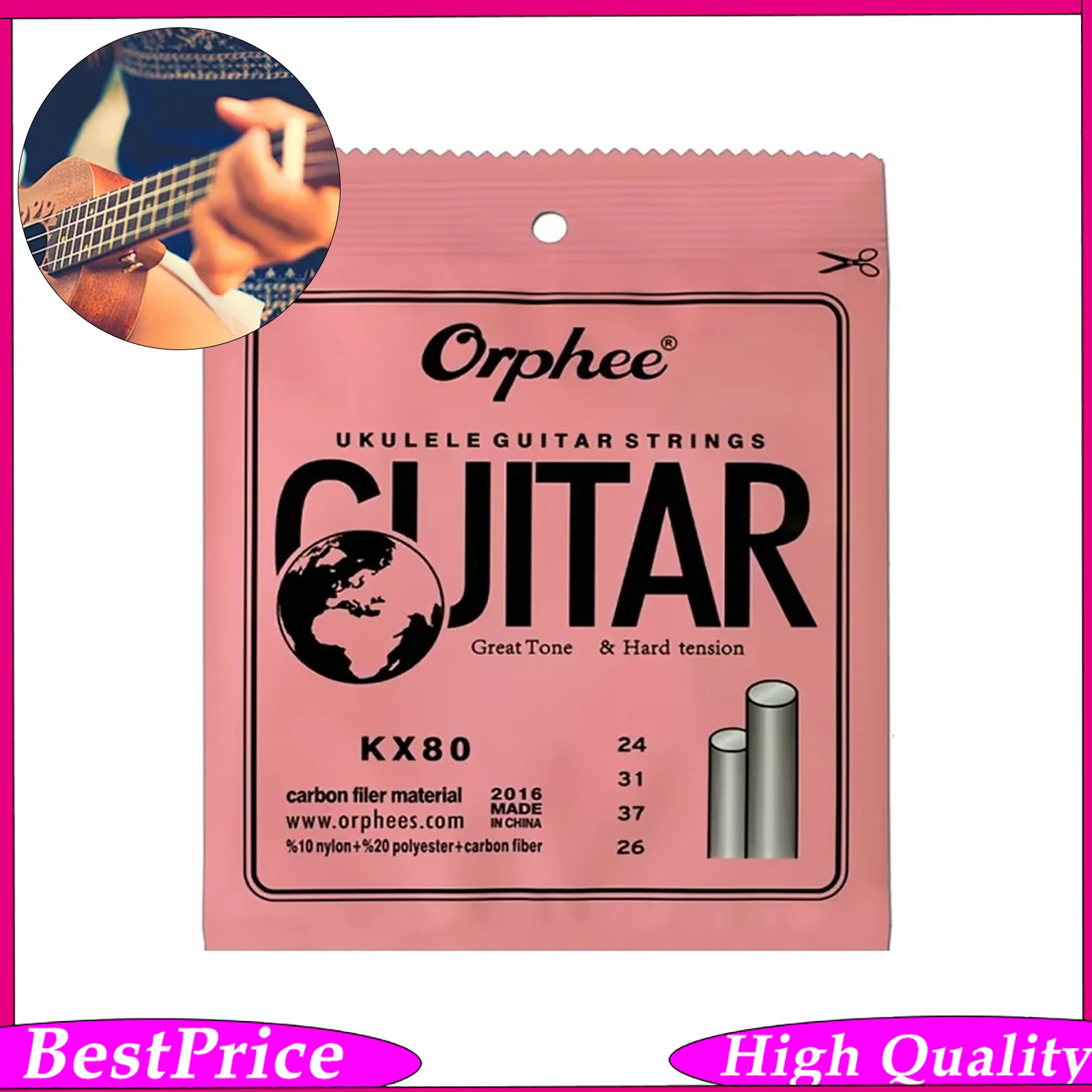 Orphee KX80 Ukulele Strings Nylon Carbon Fiber 4 String Set 1/10 Set Hawaii Guitar Accessories Parts for Stage Studio Recording