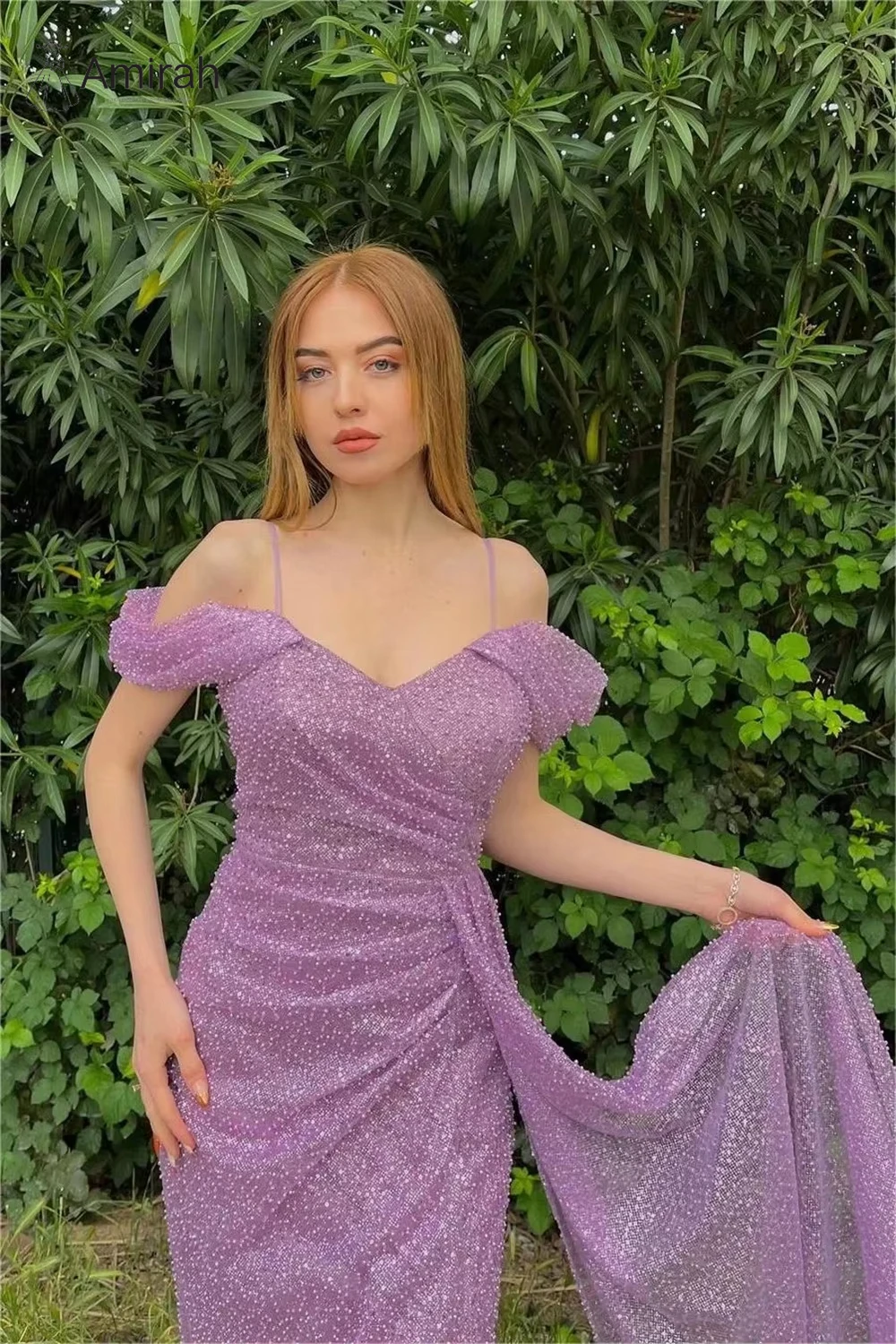 فستان حفلات أميرا لحفلات الزفاف مصنوع حسب الطلب فساتين سهرة لحفلات الزفاف بفتحة ذيل السمكة ترتر أرجواني عاري الكتفين فستان نسائي للحفلات الراقصة