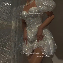 XPAY Sparkly White Ivory Short Prom Party Dresses Puff Sleeves Customised Mini Sexy Glitter Shiny Cocktail Dress Formal Gowns