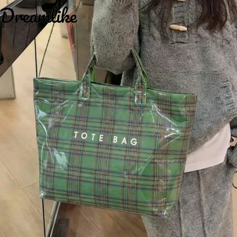 

PVC Tote Bag Large Capacity Shoulder Bag Waterproof Women Shopping Handbag Contrast Color Grid Stripe Handbags