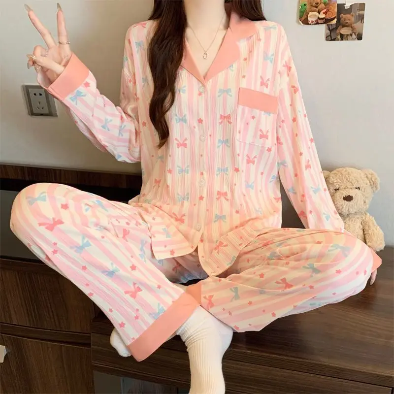 Women's Pajama Set Long Sleeve Long Pants Lapel Collar Bow Print Striped Pyjamas Sleepwear Button Down Sweet Loungewear Homewear