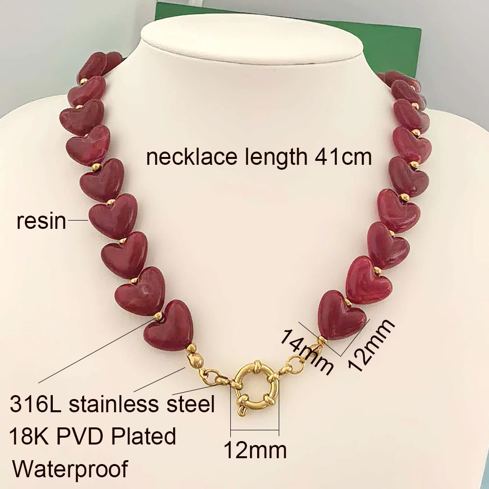 Heart Resin Necklace Women Choker Stainless Steel PVD Beads Sailor Clasp Waterproof Love Bracelet Diy Pendant Gold Color Vintage