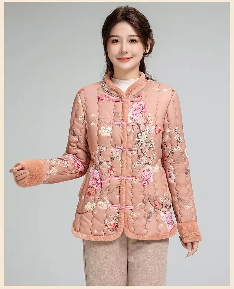 Vintage bloemen tang colbert voor dames, katoenen gewatteerde jas, warme kleding voor moeder, cheongsam, herfst en winter, nieuw, 2024