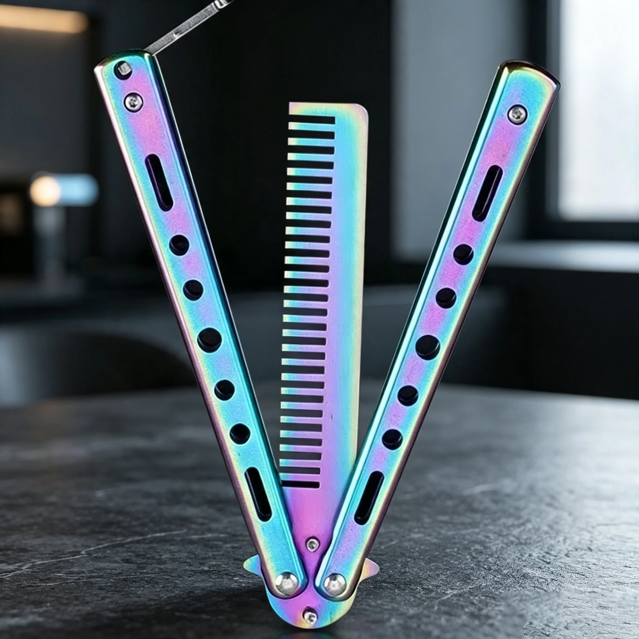 Stainless Steel Foldable Butterfly Knife Comb 1PCS, Salon Hairdressing Styling Tool for Beard & Moustache Grooming